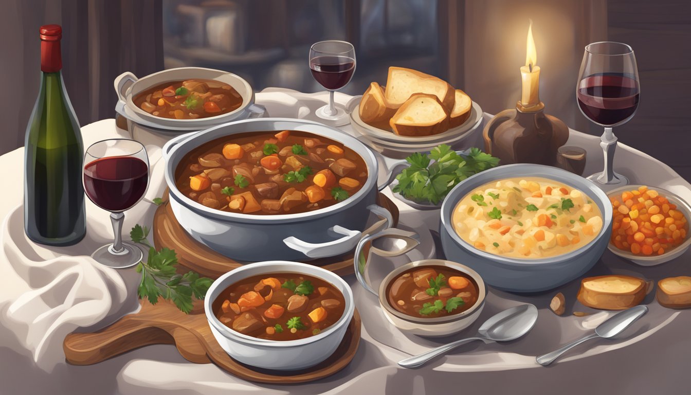 A cozy table set with steaming bowls of hearty stew and chowder, accompanied by a bottle of rich, red wine