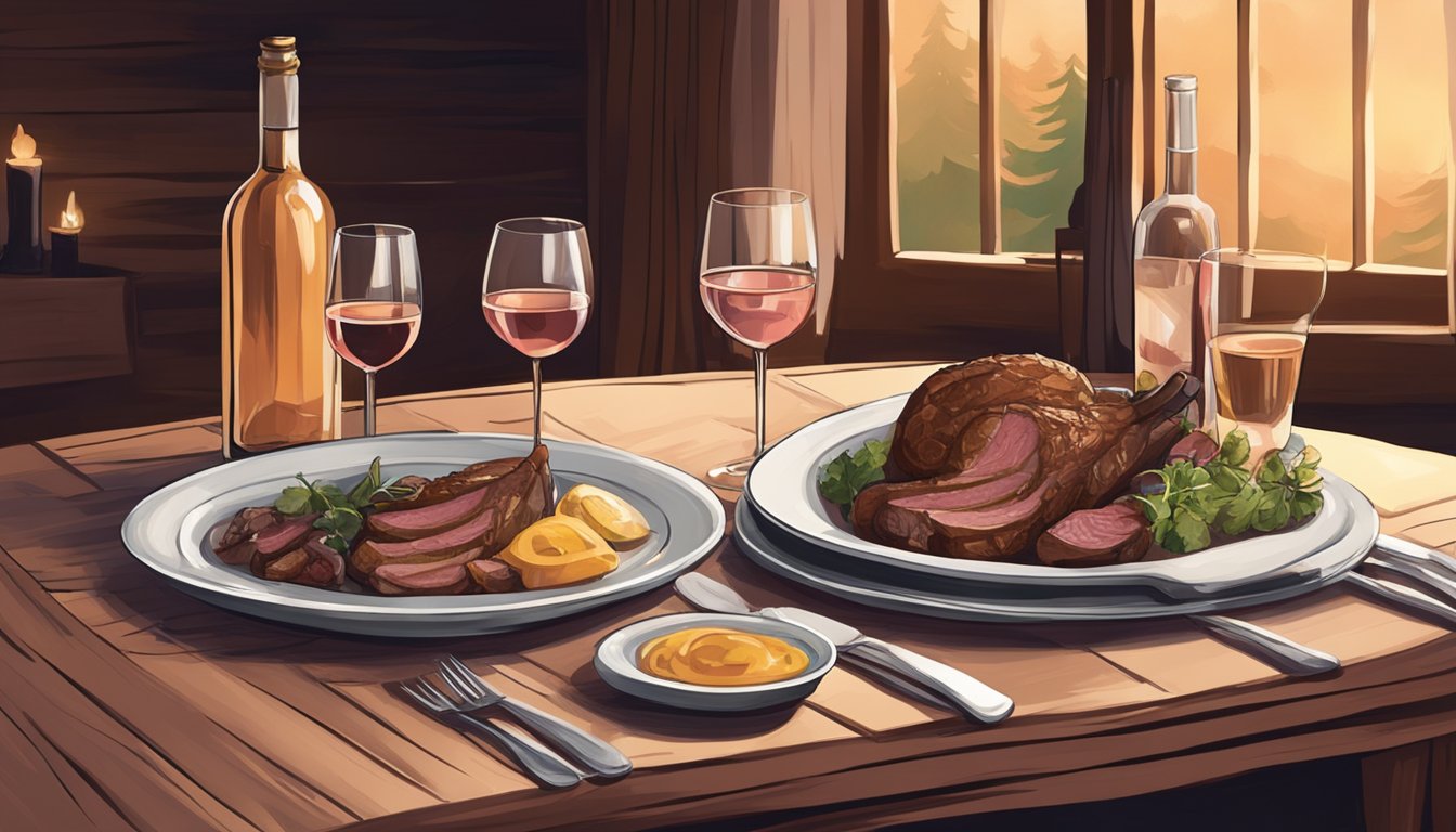 A rustic table set with a venison dish, accompanied by a bottle of white and rosé wine, surrounded by a cozy, dimly lit ambiance