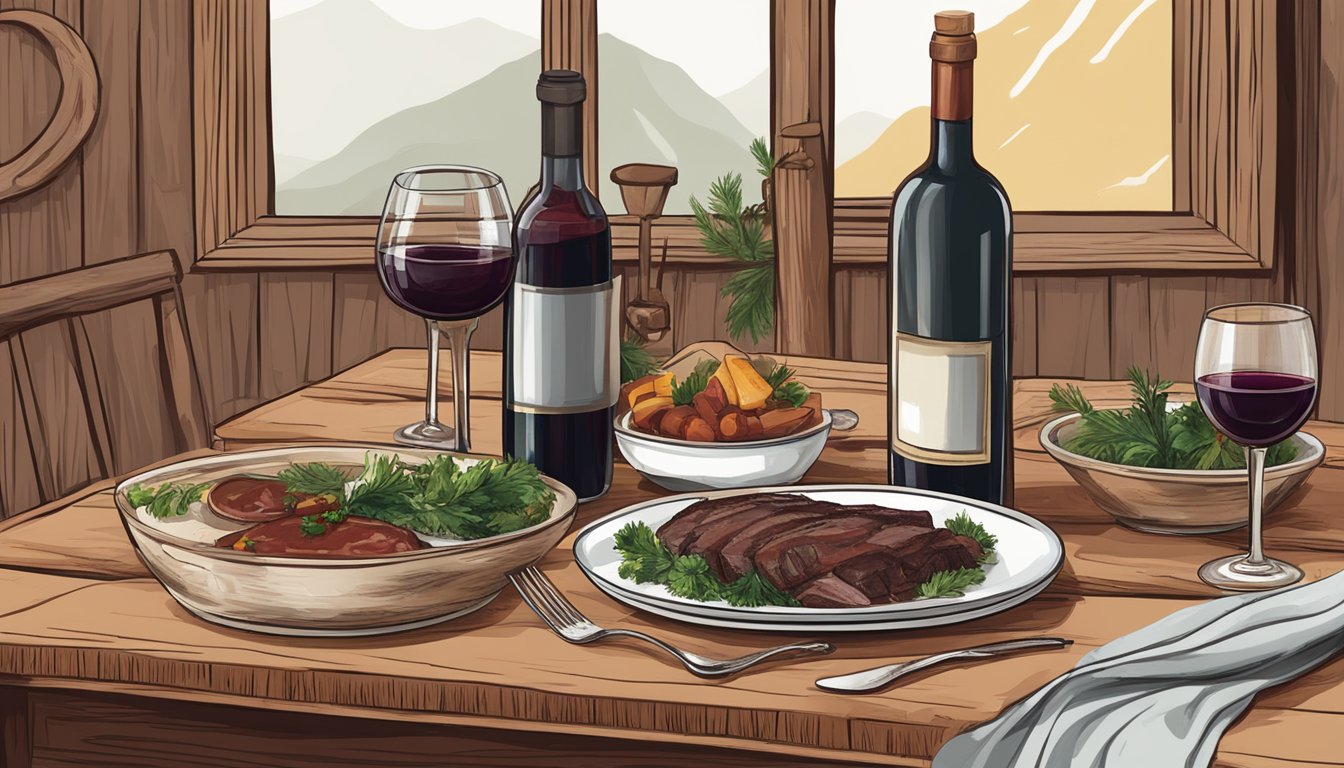 A rustic table set with venison, assorted sauces, and seasonings. A bottle of red wine and wine glasses placed next to the venison