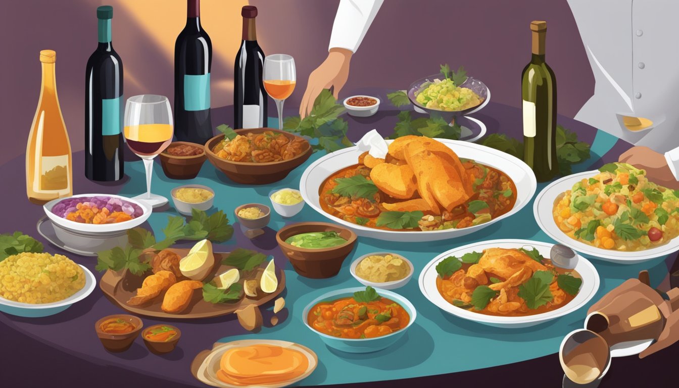 A table set with various Indian dishes and a selection of wine bottles, with a sommelier pouring wine into a glass