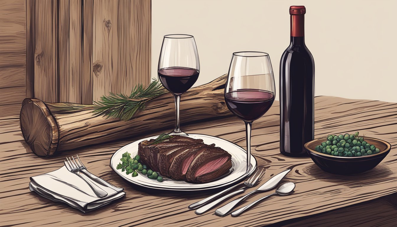 A rustic wooden table set with a roasted venison dish, accompanied by a bottle of red wine and elegant wine glasses