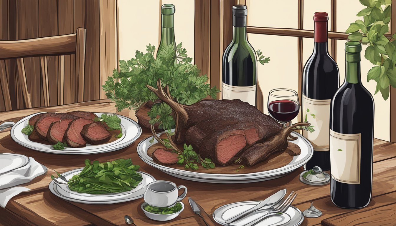 A rustic dining table set with a platter of venison, surrounded by bottles of red wine and fresh herbs