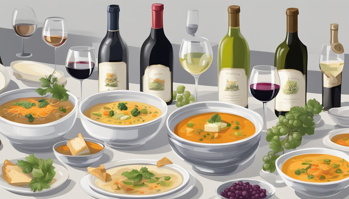 A table set with various bowls of soup and bottles of wine, with a sommelier tasting and pairing different varietals