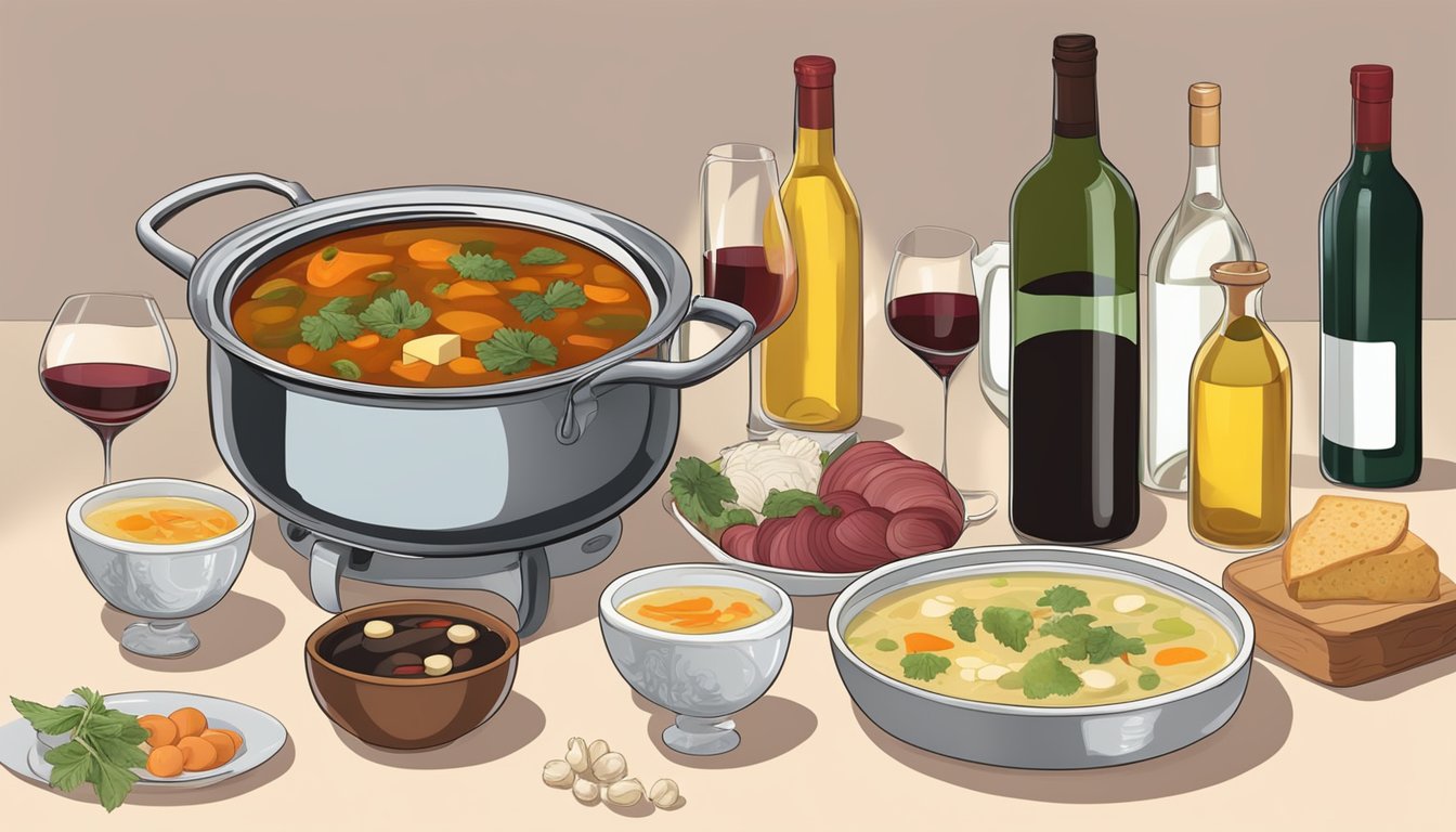 A simmering pot of soup with various ingredients, surrounded by bottles of red and white wine