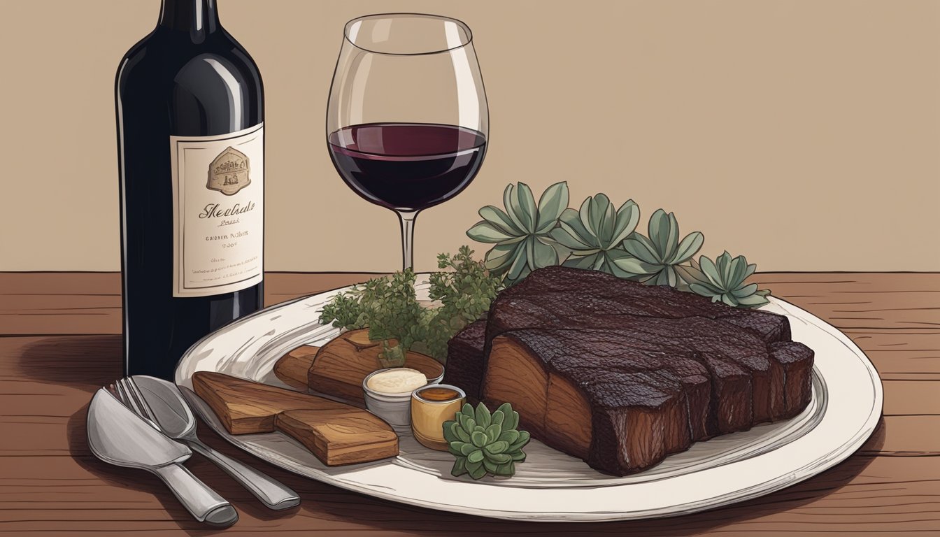 A rustic wooden table with a platter of succulent beef short ribs next to a bottle of rich red wine and a selection of alternative wine pairings