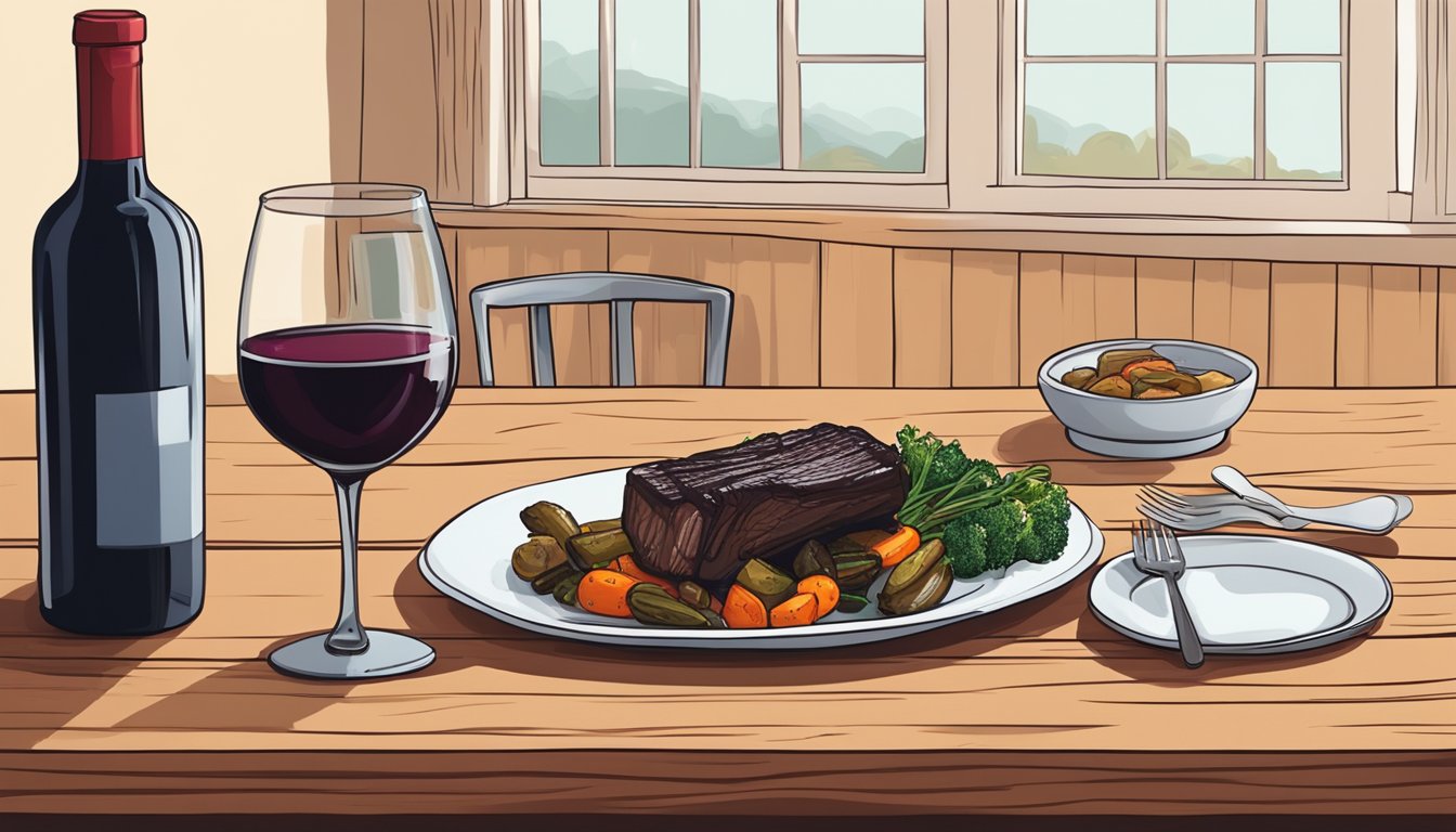 A bottle of red wine next to a plate of beef short ribs with a side of roasted vegetables on a wooden table