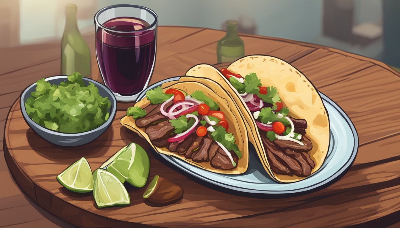 A bottle of red wine next to a plate of beef tacos with various toppings on a wooden table