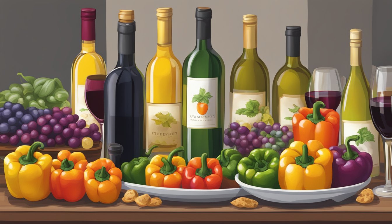 A table set with a colorful array of stuffed bell peppers, surrounded by bottles of various wine varietals