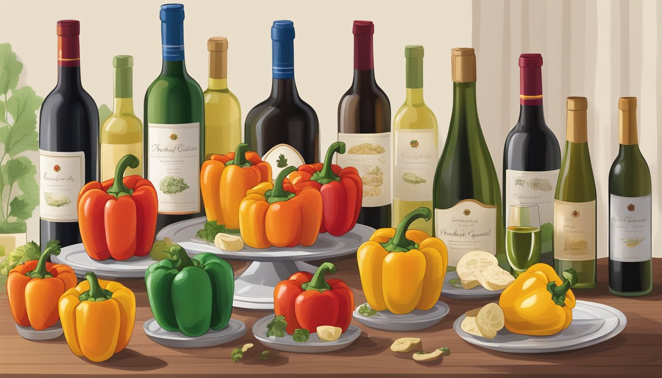 A table set with a variety of stuffed bell peppers, surrounded by different bottles of wine, each labeled with their respective pairings