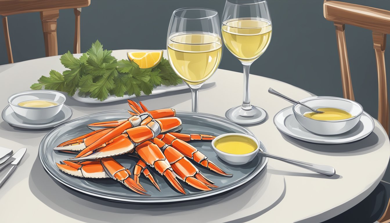 A plate of steamed crab legs with a glass of white wine on a table