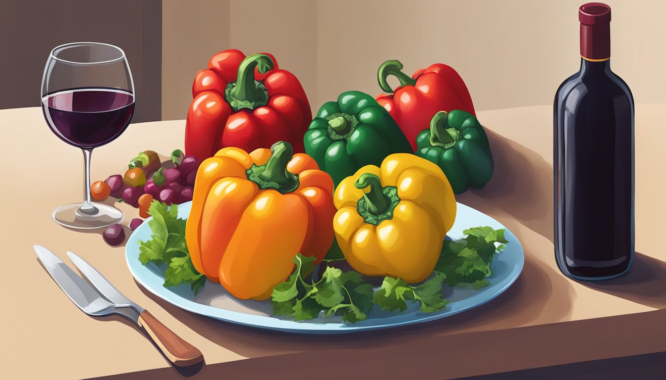 A table set with colorful stuffed bell peppers and a bottle of red wine