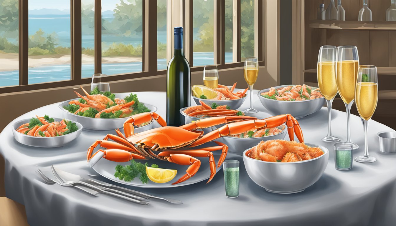 A table set with a variety of sparkling wines and a platter of fresh crab legs