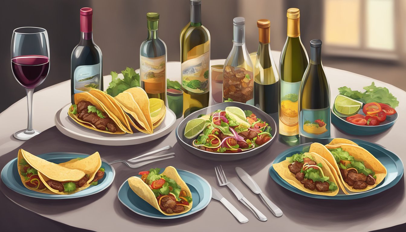 A table set with beef tacos and various wine bottles