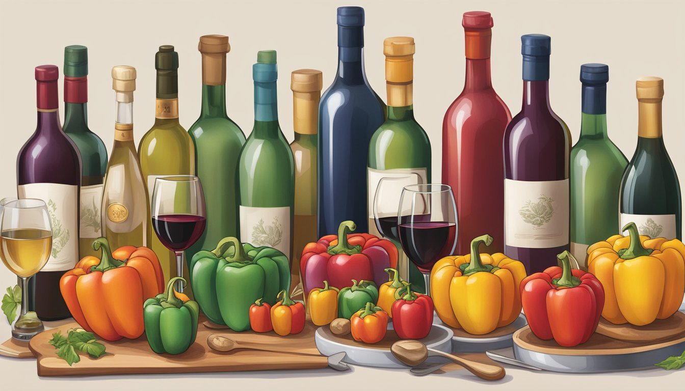 A table set with a colorful array of stuffed bell peppers, surrounded by bottles of regional wines and various cooking utensils