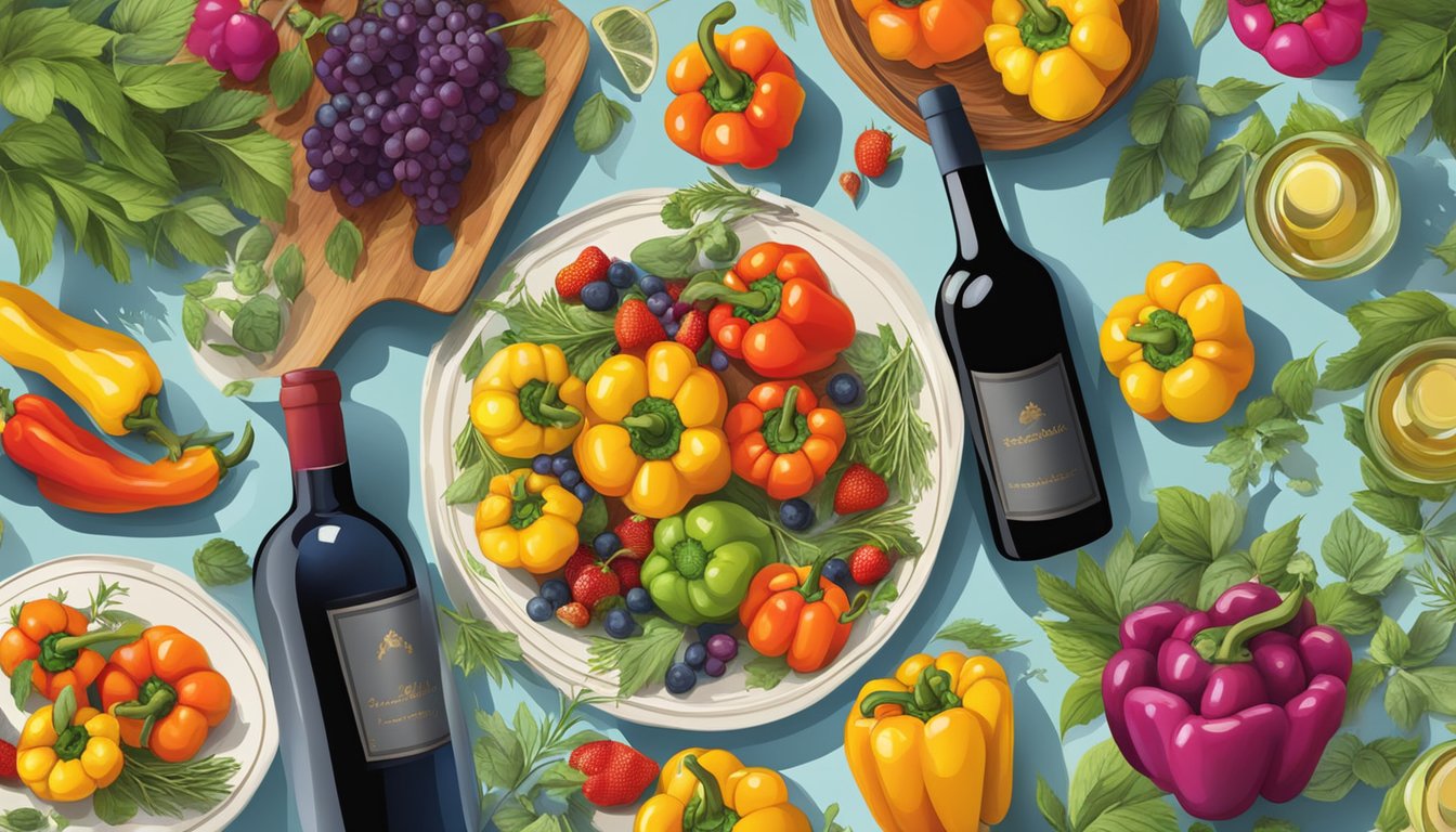 A table set with a colorful array of stuffed bell peppers and various bottles of wine, surrounded by vibrant fruits and herbs