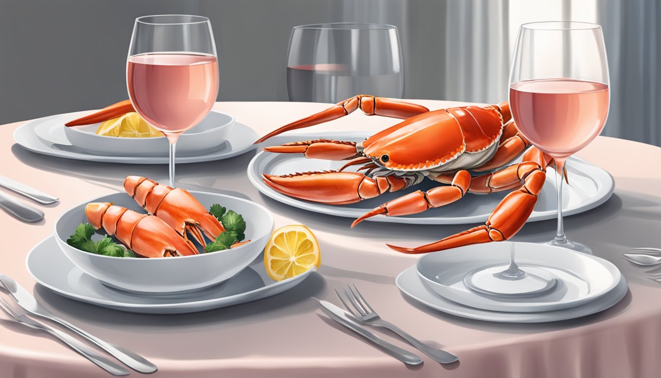 A table set with a platter of crab legs and two glasses of rosé and light red wine