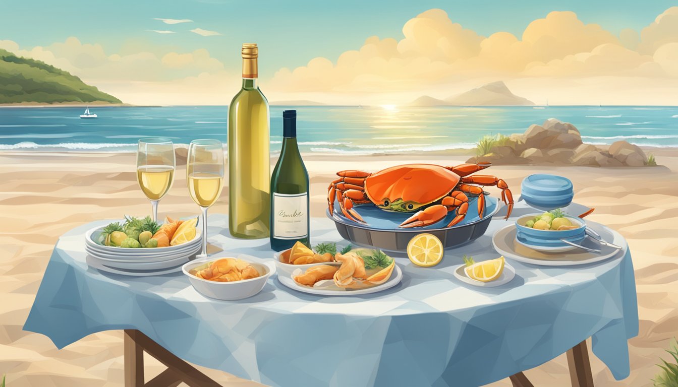 A seaside picnic with a table set for two, featuring a steamed crab and a bottle of white wine, surrounded by coastal scenery