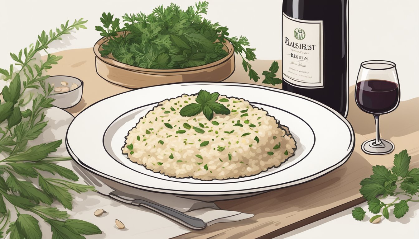 A steaming plate of creamy risotto sits next to a bottle of red wine and a cluster of fresh herbs