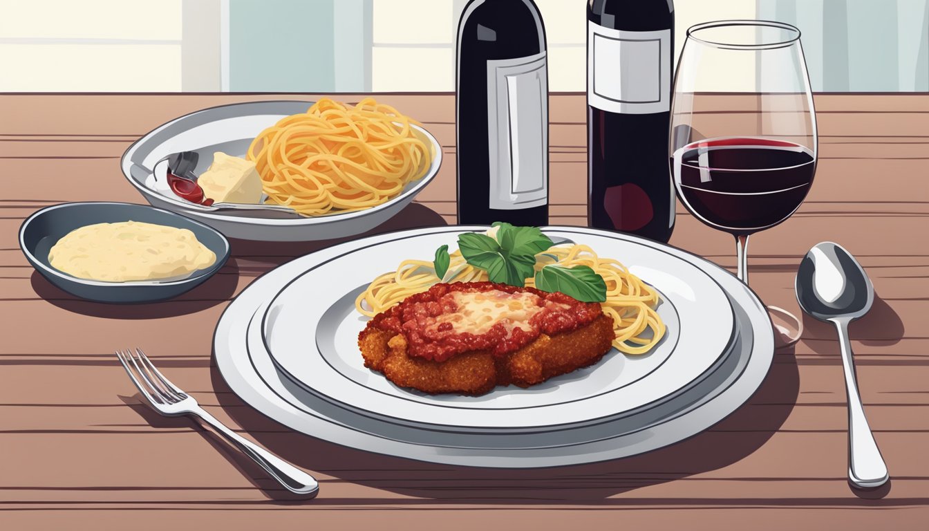 A table set with a plate of veal parmesan, a glass of red wine, and a bottle of wine next to it