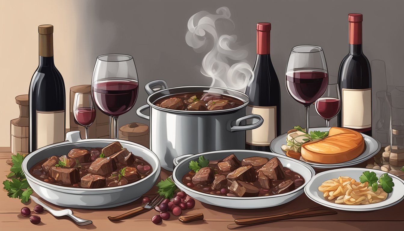 A steaming pot of beef bourguignon surrounded by a spread of red wine bottles and glasses