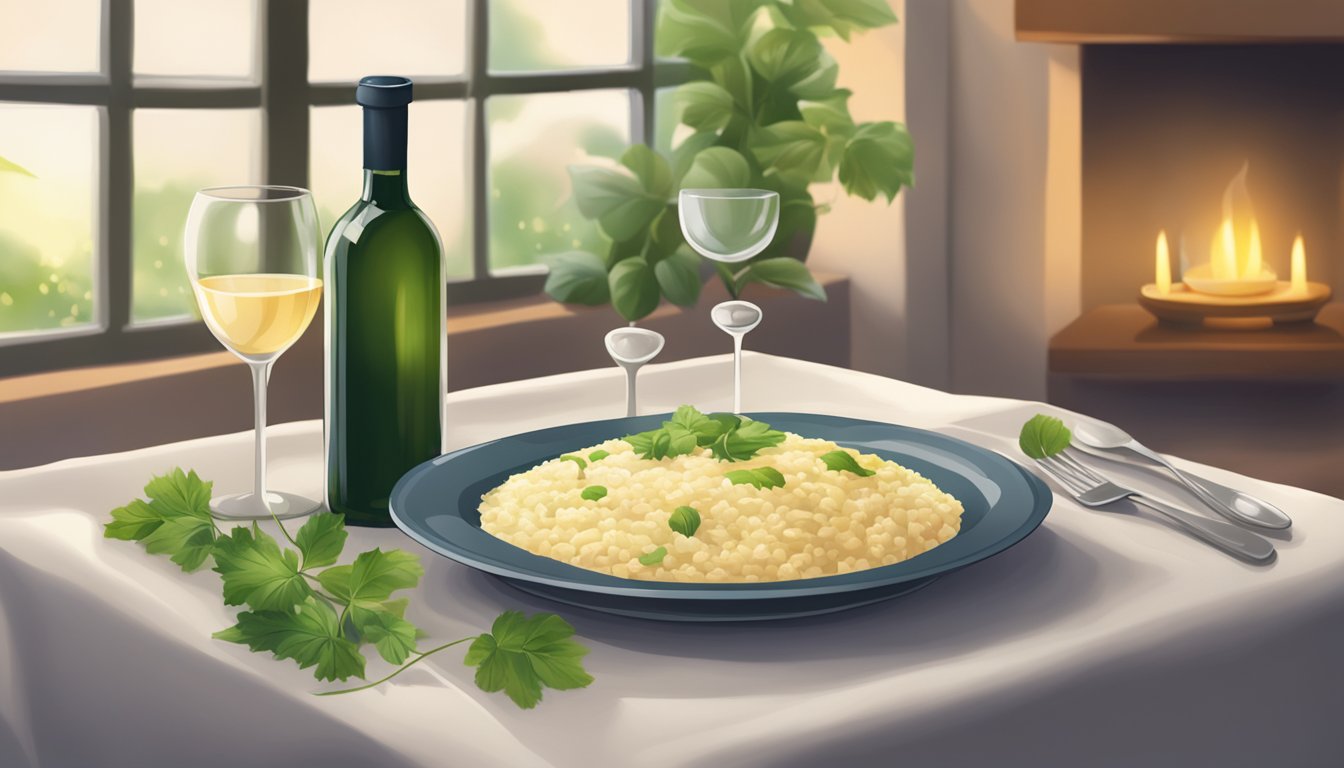 A table set with a steaming plate of risotto and a bottle of wine, surrounded by lush greenery and soft candlelight