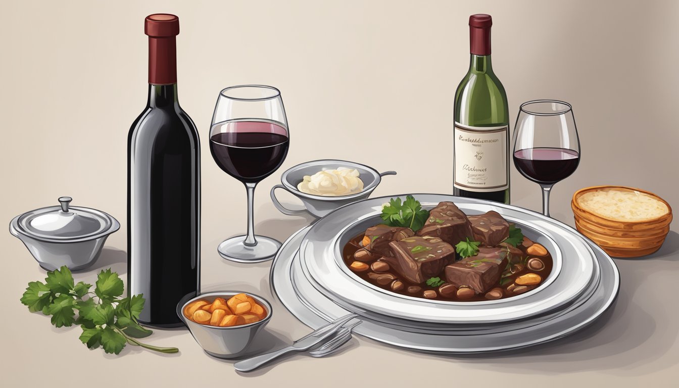 A table set with a steaming dish of beef bourguignon, accompanied by a bottle of red wine and two elegant wine glasses