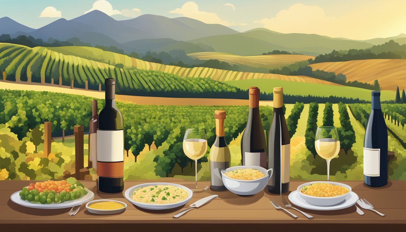 A table set with various types of risotto and corresponding wine bottles arranged in front of scenic vineyards