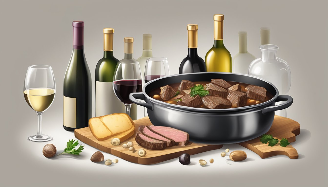 A table set with a steaming pot of beef bourguignon, surrounded by bottles of white wine and elegant wine glasses