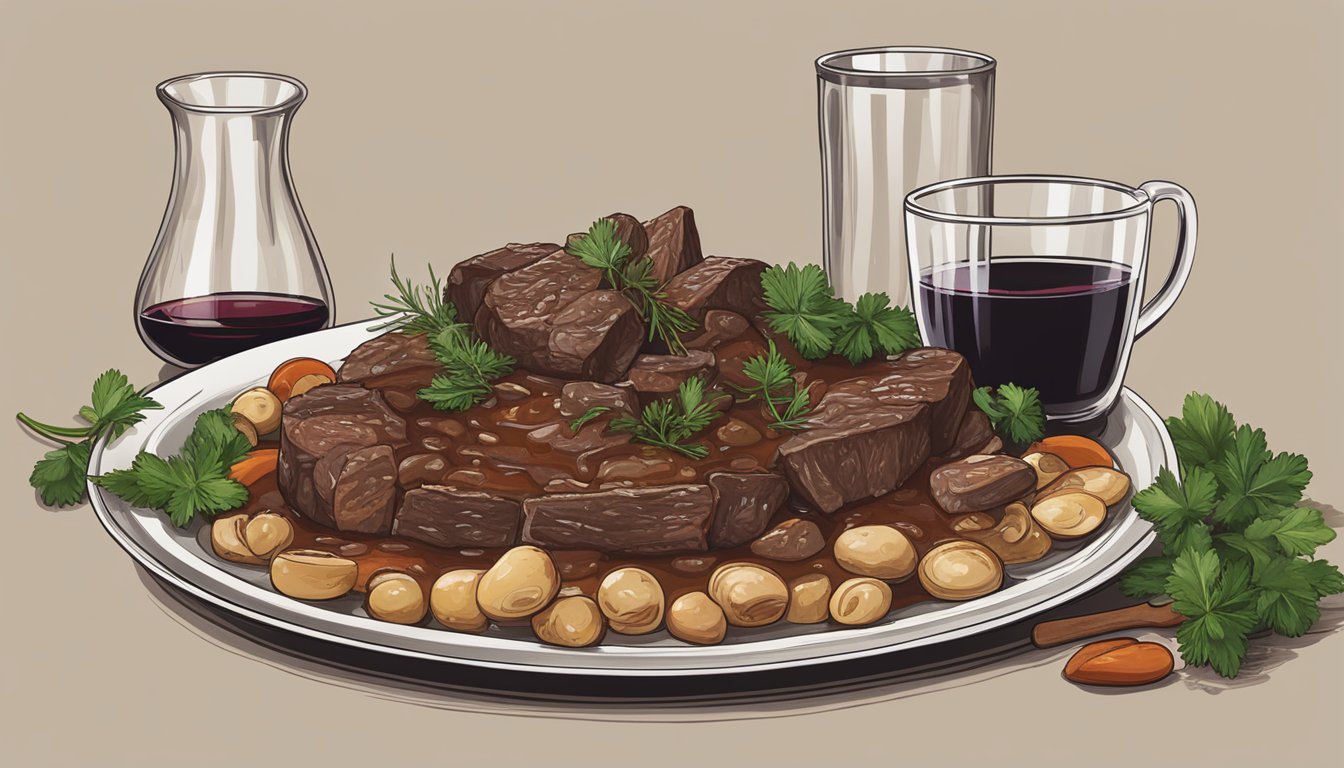 A table set with a steaming bowl of beef bourguignon, accompanied by a glass of red wine and a sprig of fresh herbs for garnish