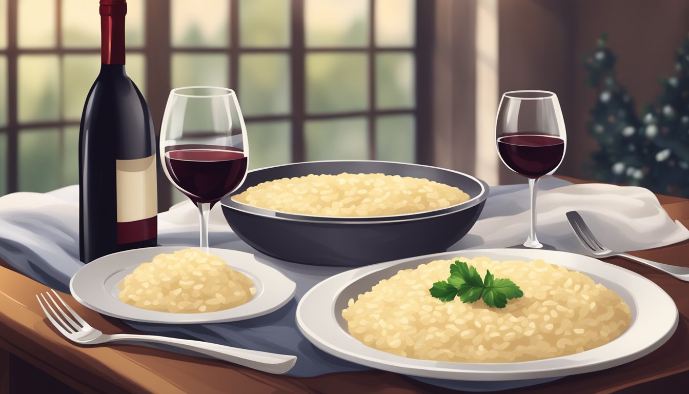 A table set with a steaming plate of creamy risotto and a bottle of red wine, surrounded by elegant wine glasses and a cozy ambiance