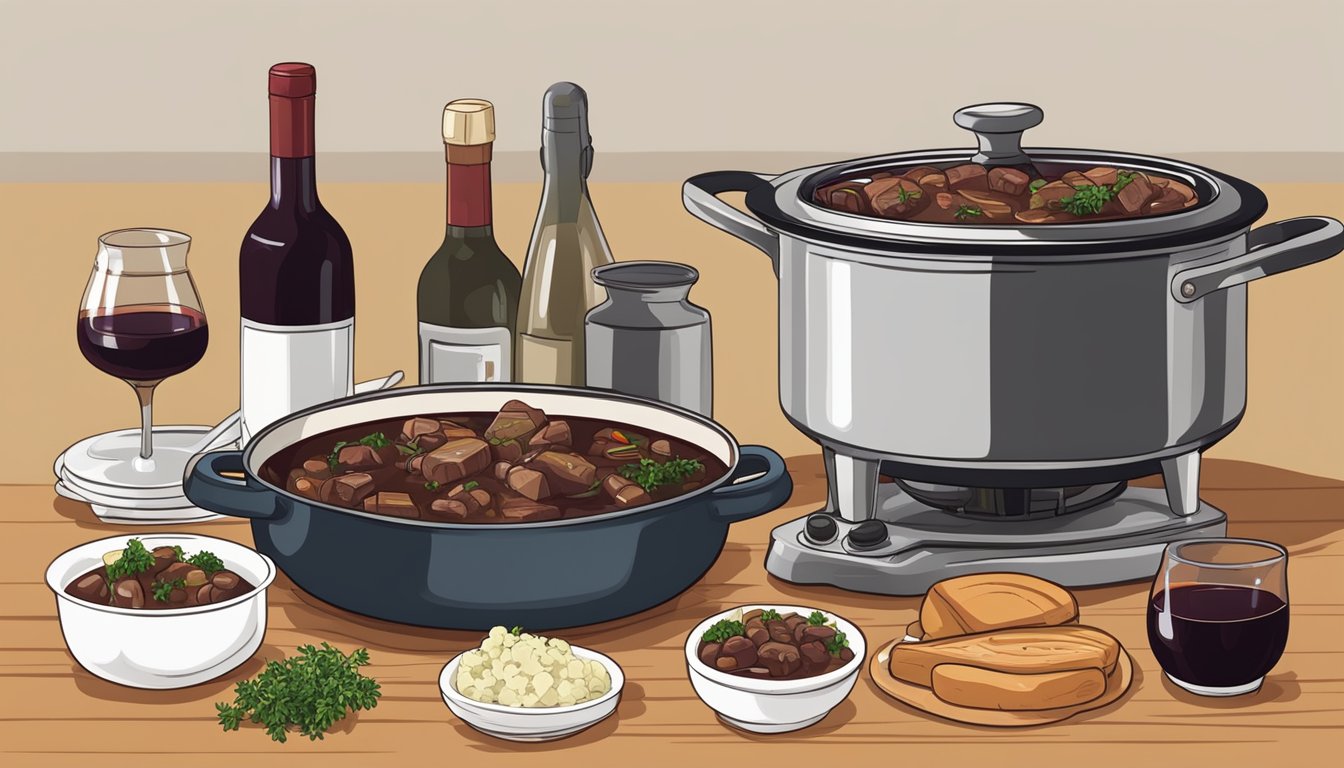 A simmering pot of beef bourguignon surrounded by various cooking equipment, with a bottle of red wine nearby