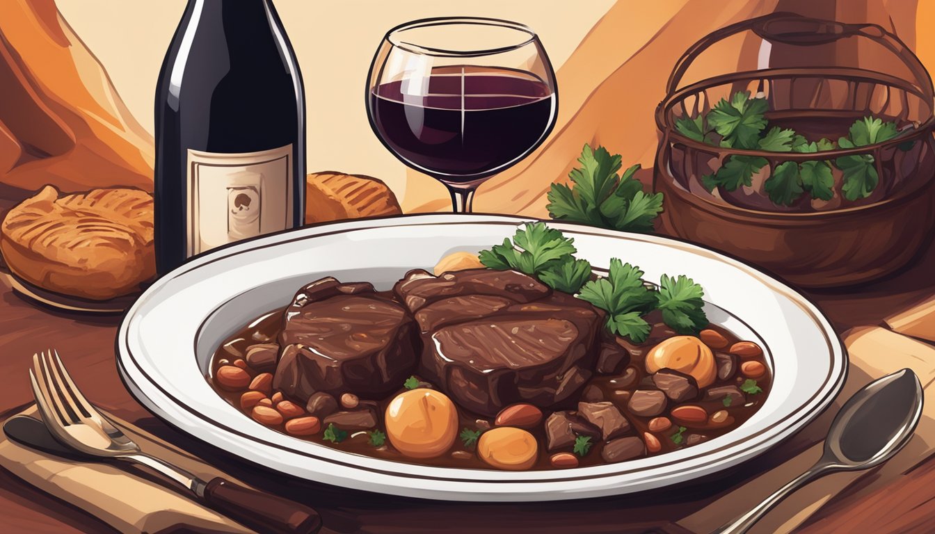 A table set with a steaming bowl of beef bourguignon and a bottle of red wine, surrounded by rich, warm colors and inviting ambiance