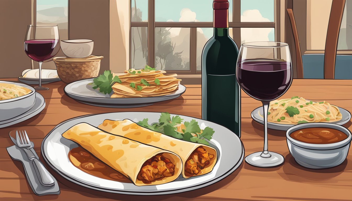 A table set with a plate of chicken enchiladas, a glass of red wine, and a bottle of wine with a cozy, inviting atmosphere