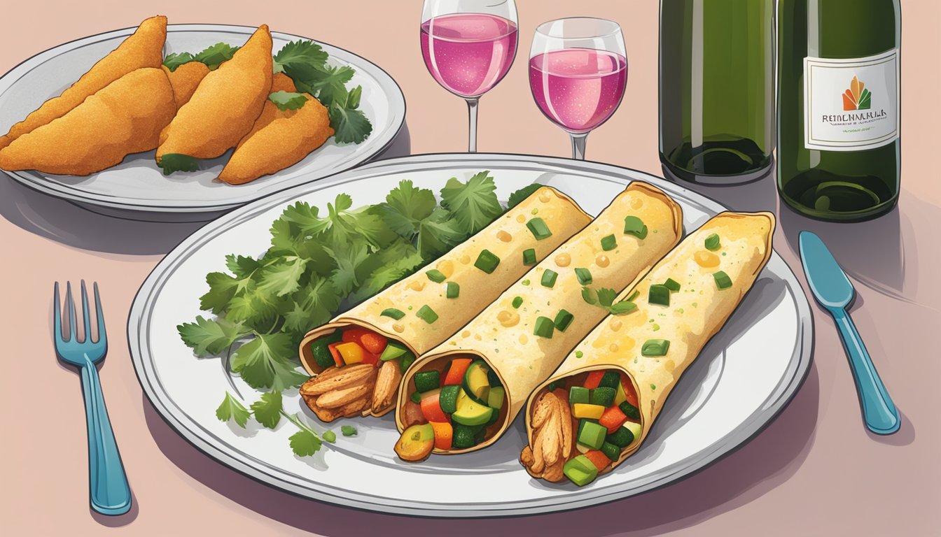 A bottle of sparkling and rosé wine next to a plate of chicken enchiladas with a colorful array of vegetables and herbs