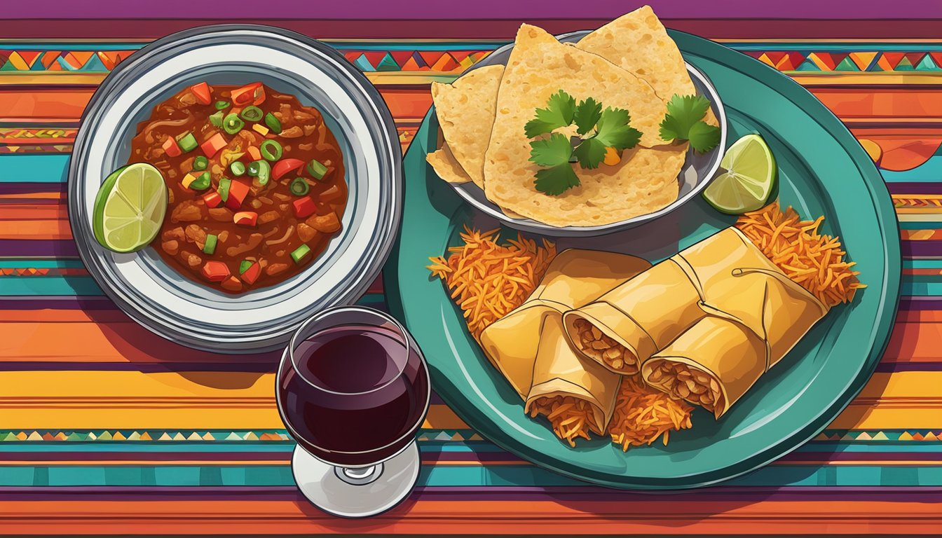 A table set with a plate of chicken enchiladas and a glass of red wine, surrounded by colorful Mexican decor