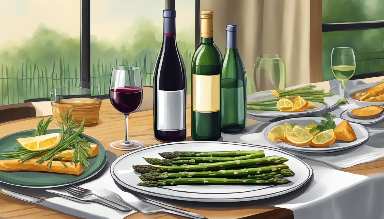 A table set with a plate of grilled asparagus and a selection of wine bottles