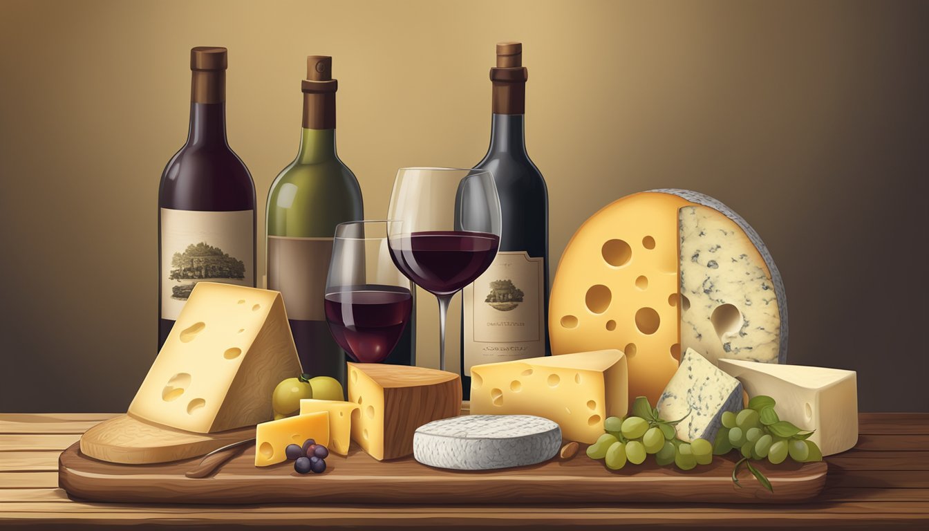 A rustic wooden cheese board with an assortment of aged cheeses and a selection of wine bottles displayed next to it