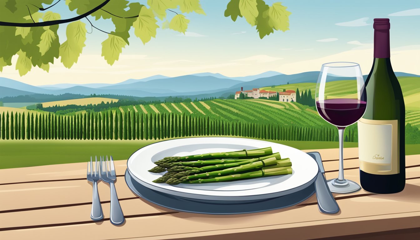 A bottle of wine next to a plate of grilled asparagus, with a vineyard in the background