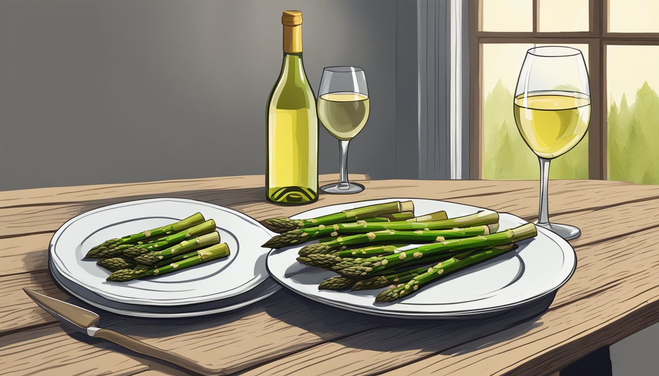 A bottle of white wine next to a plate of grilled asparagus on a wooden table