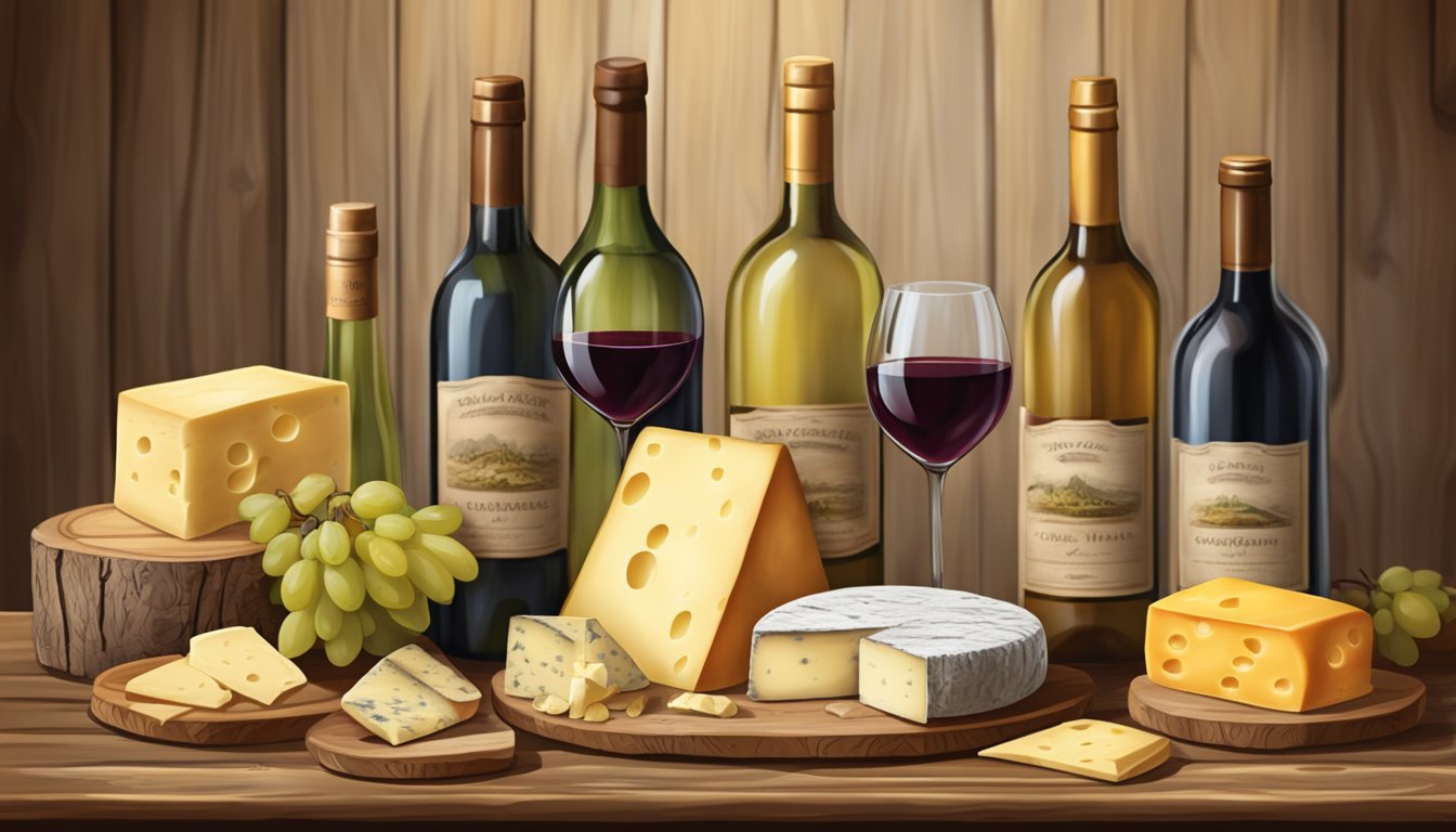 A rustic wooden table adorned with an array of aged cheeses and bottles of exceptional wine varietals, creating a picturesque setting for a cheese and wine pairing