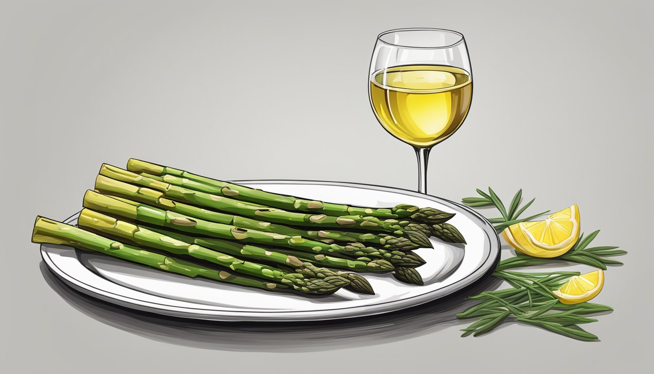 Grilled asparagus on a plate with a glass of white wine