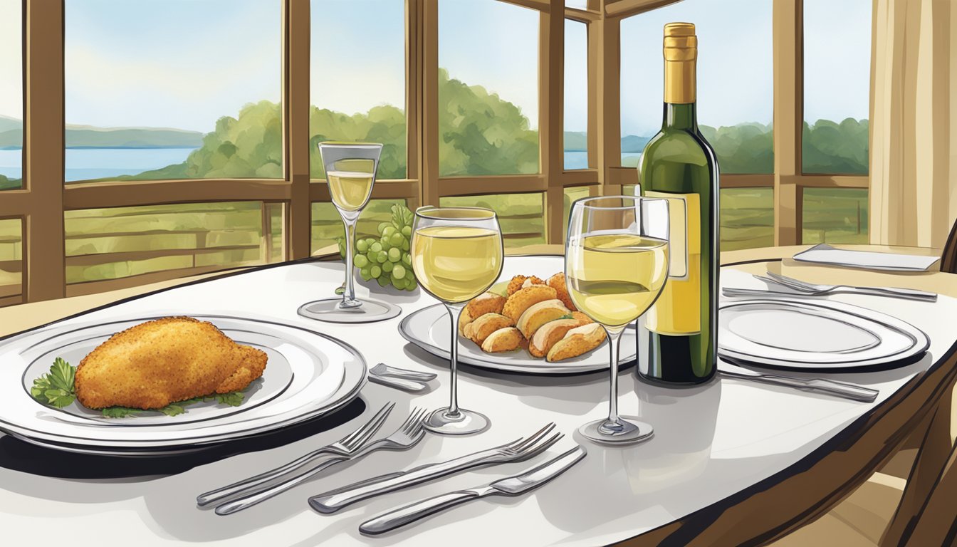 A table set with a plate of Chicken Cordon Bleu, a glass of white wine, and a bottle of Chardonnay