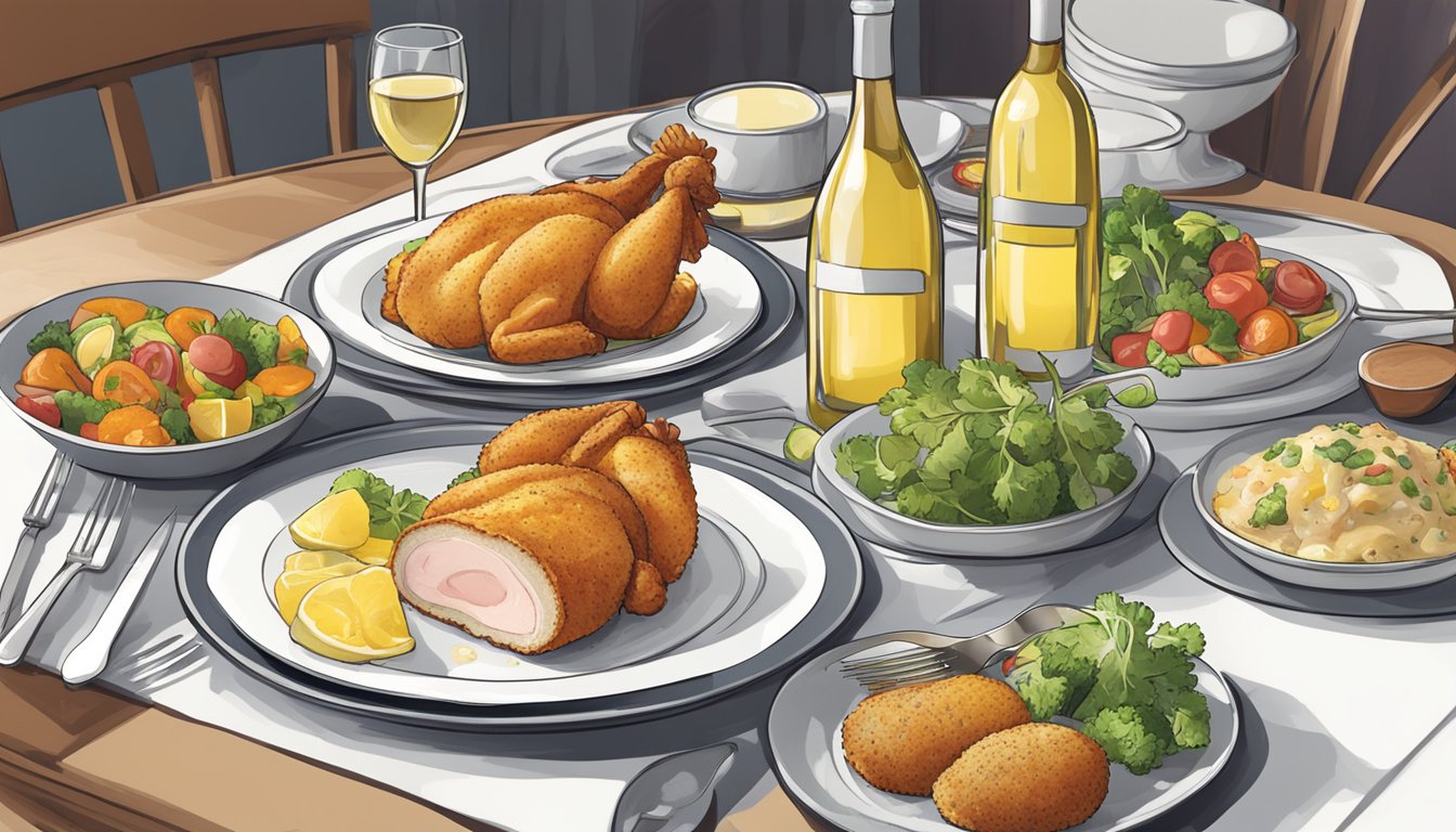 A table set with chicken cordon bleu, accompanied by a colorful array of side dishes and a bottle of white wine