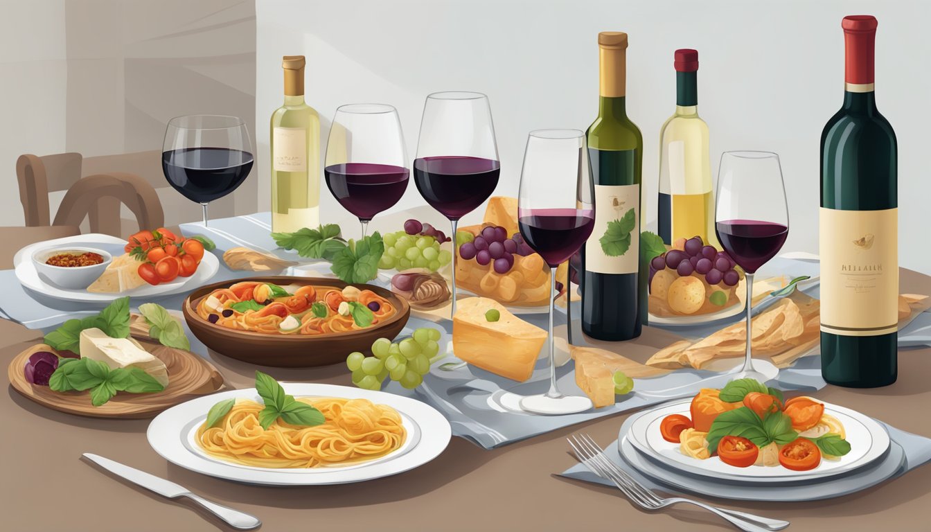 A table set with various Italian wines and traditional dishes, showcasing the perfect pairing of wine with Italian cuisine