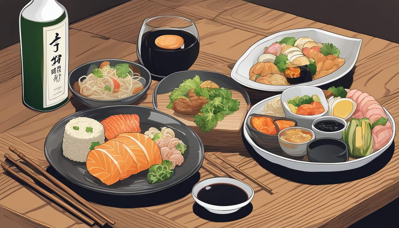 A bottle of wine and a plate of assorted Japanese food on a wooden table