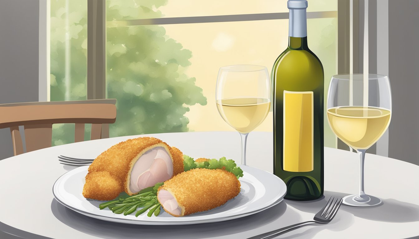 A bottle of white wine and a plate of chicken cordon bleu on a dining table