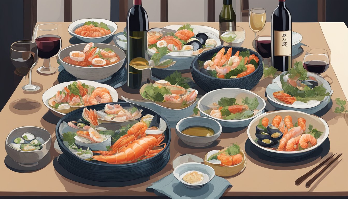 A table set with a variety of Japanese seafood dishes alongside a selection of different wine bottles