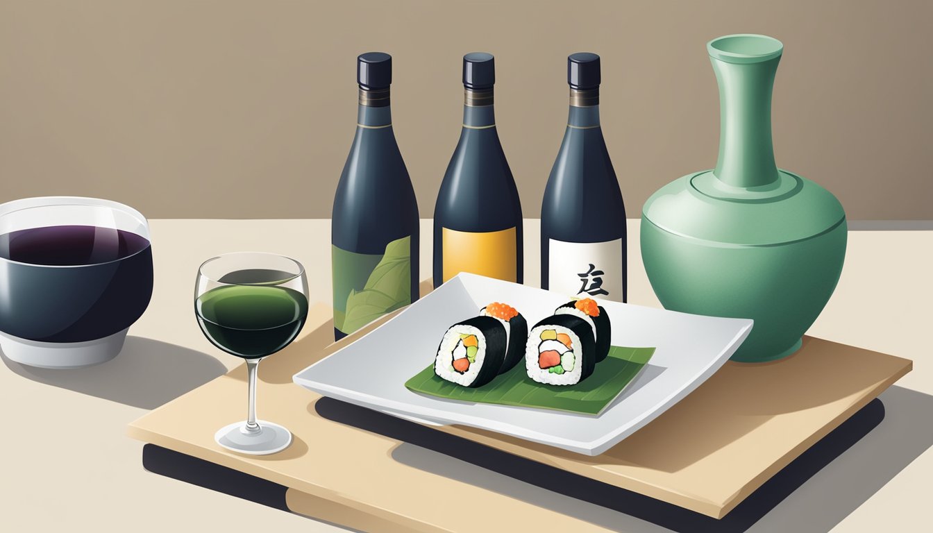 A sake set with sushi and green tea beside a bottle of wine