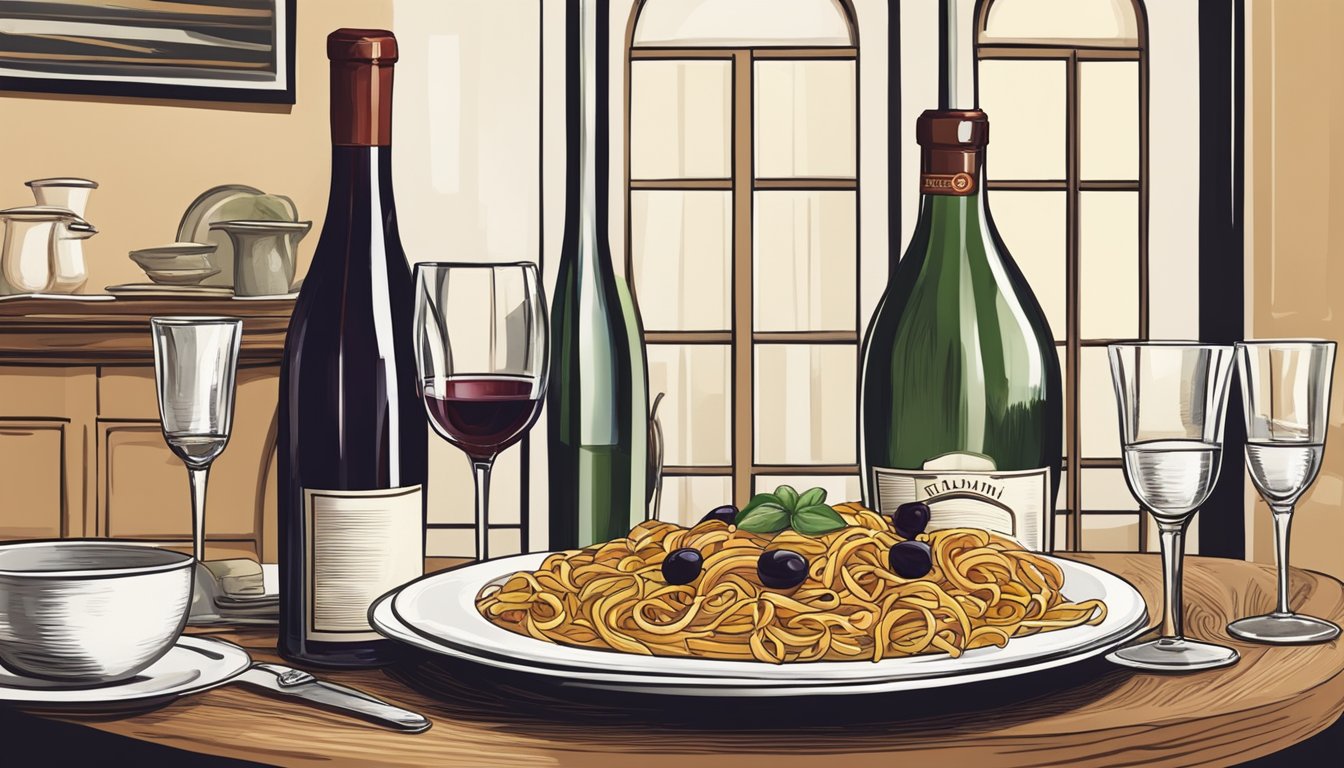 A table set with pasta, pizza, and wine. A bottle of Chianti and glasses arranged for a perfect Italian dining experience