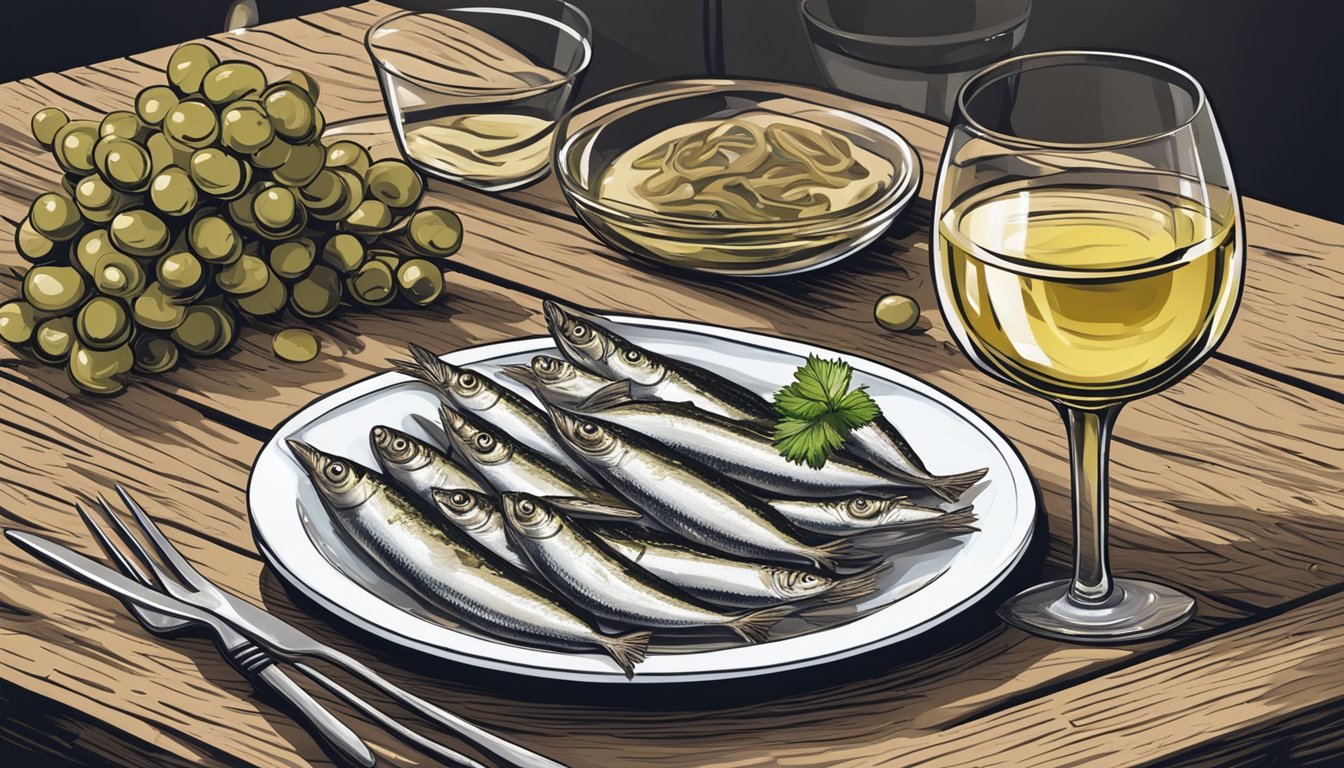 A plate of anchovies next to a glass of white wine on a rustic wooden table